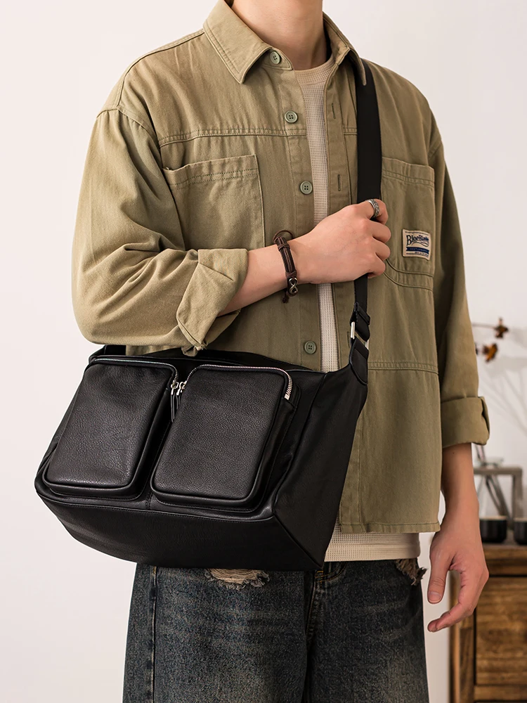 Vintage casual high-quality genuine leather men's multi-pocket crossbody bag handmade cow leather large-capacity shoulder bag