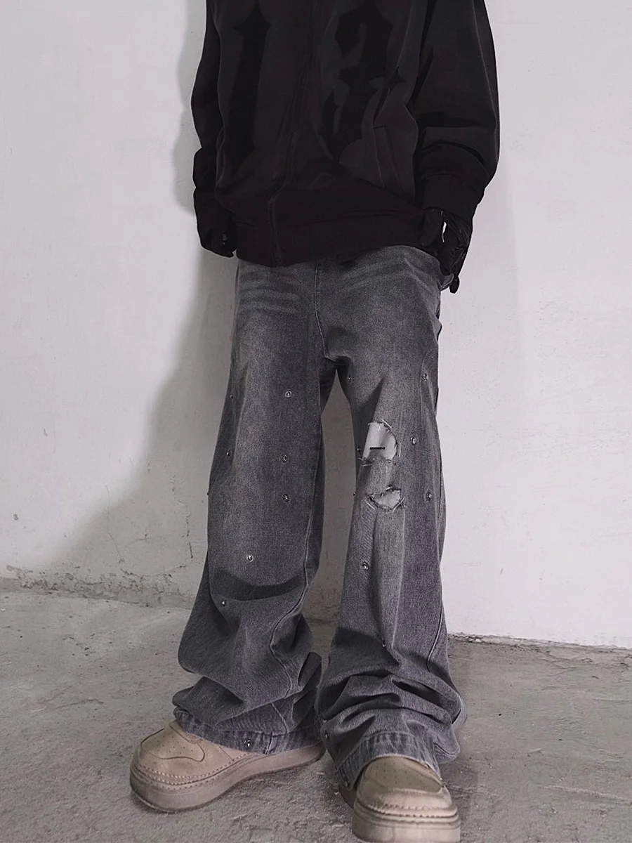 

High Quality Men Fashion Brands Casual Retro Make Old Ripped Jeans Hip Hop Loose Straight Mopping Pants