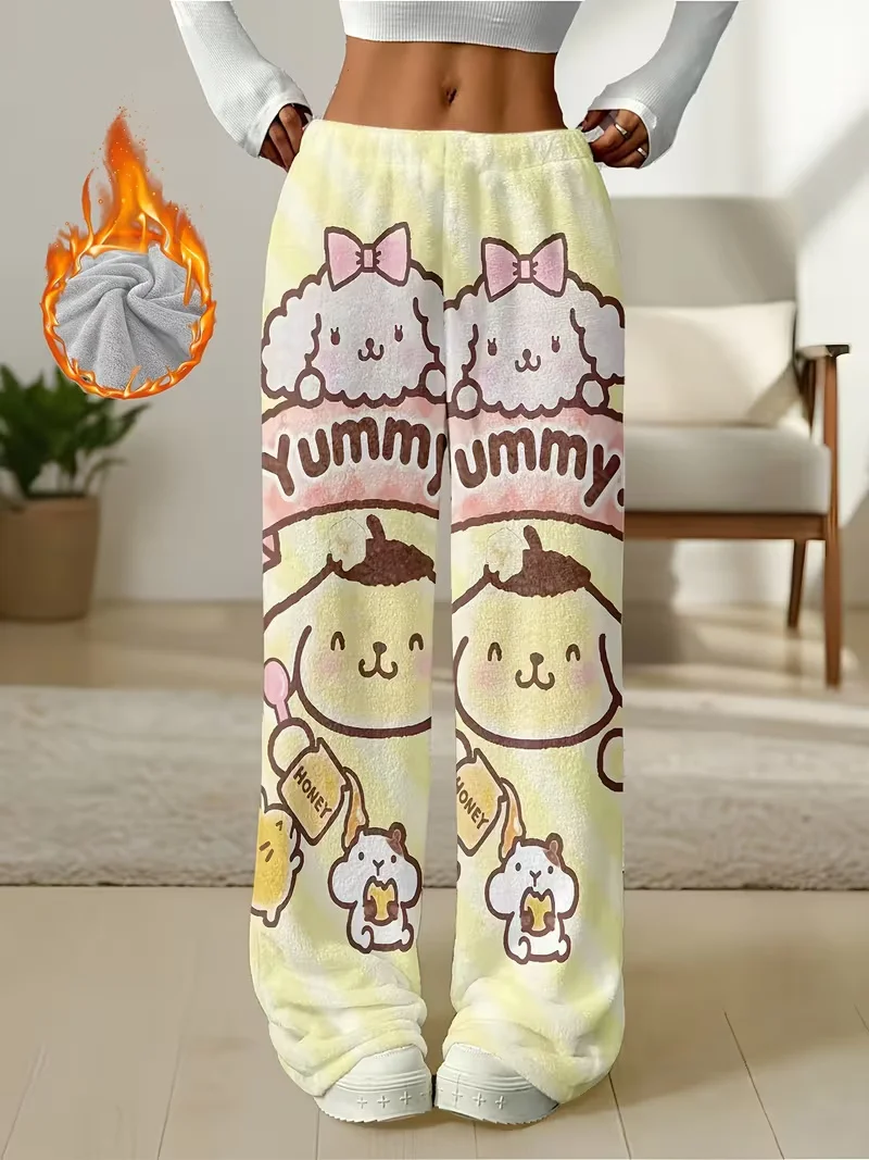 

Sanrio Family Pudding Dog Kuromi, рождественские штаны для сна, осенние и зимние плюшевые штаны с героями мультфильмов для взрослых и детей, теплые для отдыха