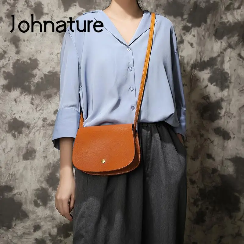 Johnature Simple Genuine Leather Crossbody Bags 2024 New Versatile Women Saddle Bag Vintage Natural Real Cowhide Shoulder Bags