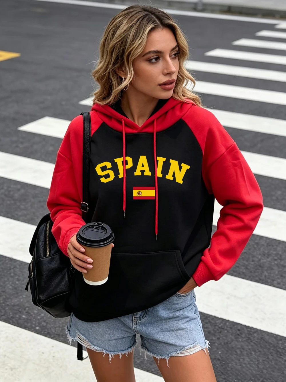 Sudaderas con capucha con estampado de letras de la bandera de España para mujer, de forro polar cálido, estilo casual, básicas, con bolsillos, ropa urbana cómoda y holgada