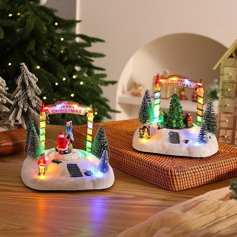 Christmas Resin Music Box European Snow House with Skiing Kids Decor LED Lights Rotating Base Holiday Gift Home Decoration