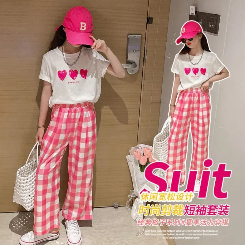 Kids Clothes Girls Summer Sweet Heart T-Shirt & Plaid Trousers 2 Pieces Sets Teenage Girl Dopamine Wear Street Style Tracksuit