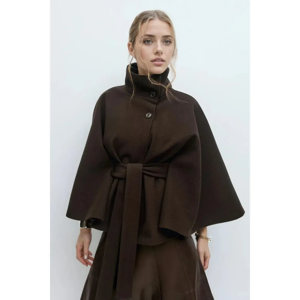 

Women's Faux Wool Blend Stand Ne Tee Button Cloak Jaet Cleanfit Sle Winter Outerwear ort Coat for Ladies