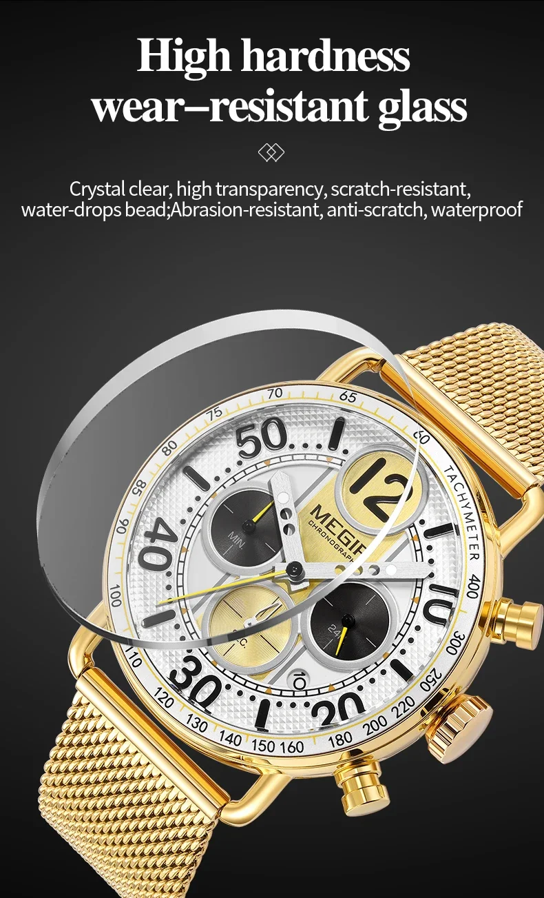 MEGIR Waterproof Quartz Watch with Blue Dial Chronograph Stainless Steel Mesh Strap Date Multifunctional Sports Wristwatch Brig