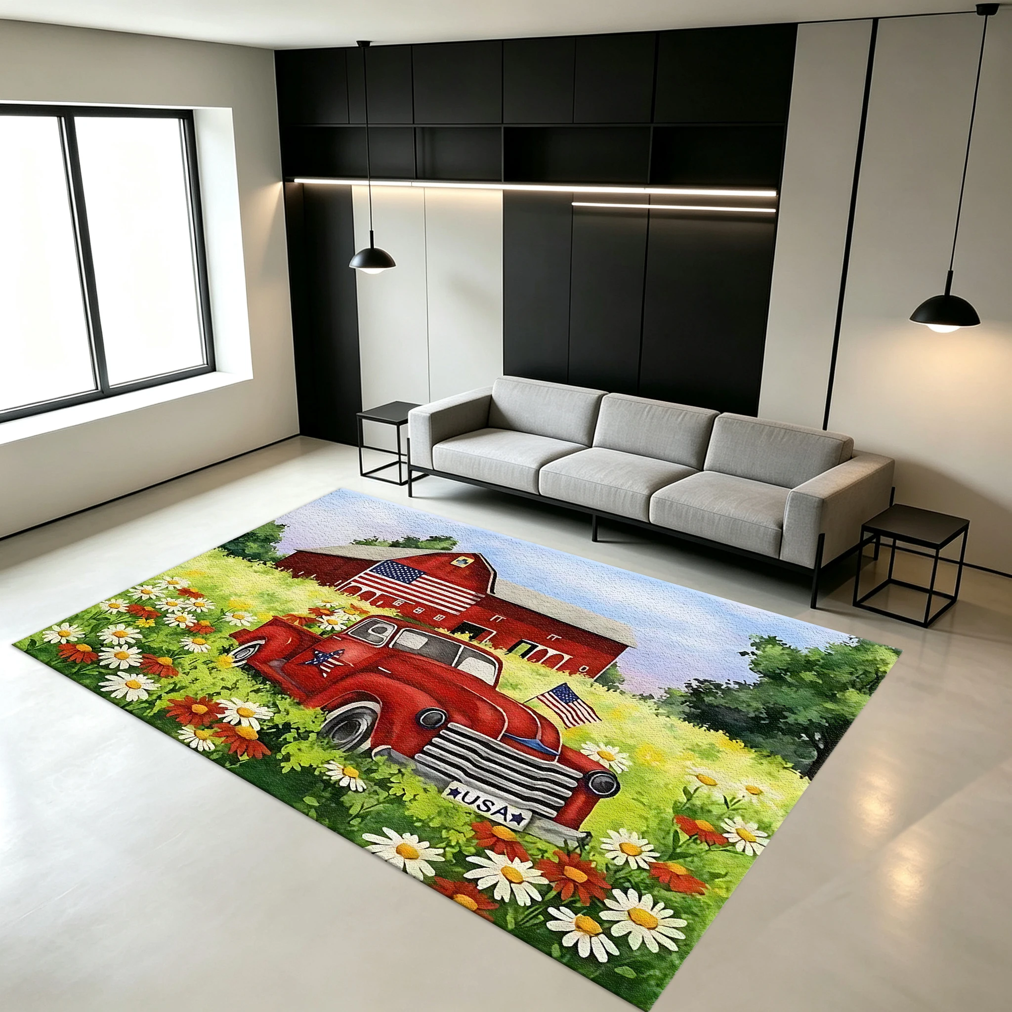 Retro American-Style Farm Red Truck Barn Carpet Floor Non-Slip Soft Carpet Suitable for Living Room Home Decoration