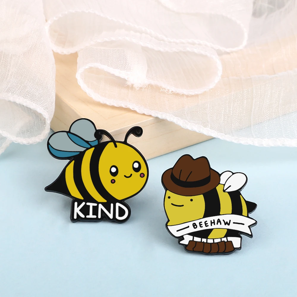 BEEHAW KIND Enamel Pins Cute Hat Bee Brooches Cartoon Flying Insect Badges Shirt Lapel Pin Backpack Jewelry Gift for Kids Friend