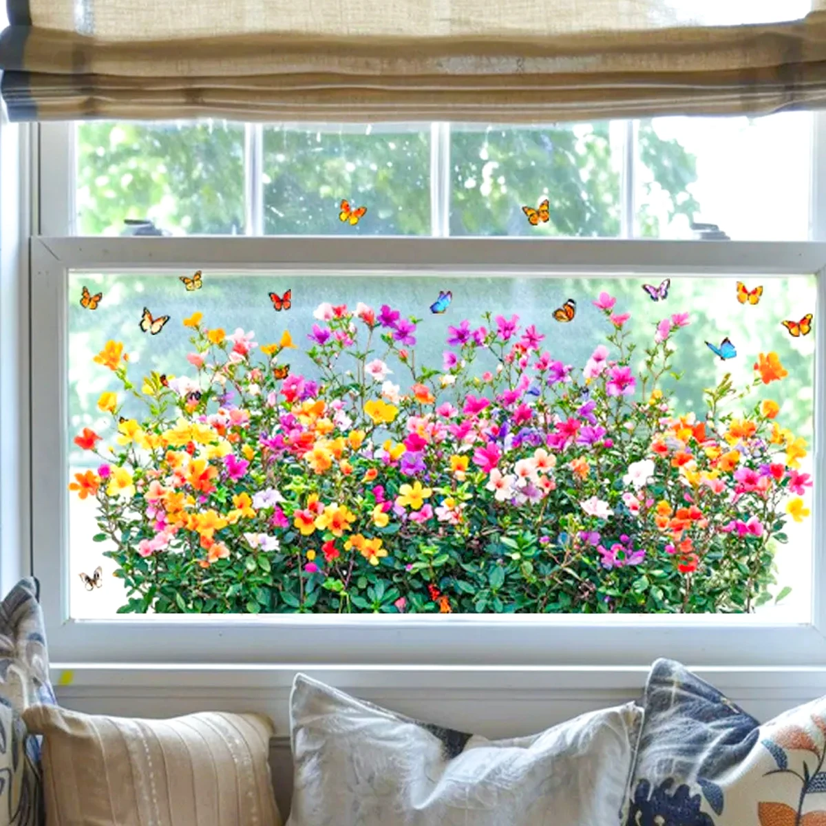 Colorful Spring Flower Butterfly Static Window Stickers, Removable Spring Green Home Living Room Bedroom Kitchen Window Decor