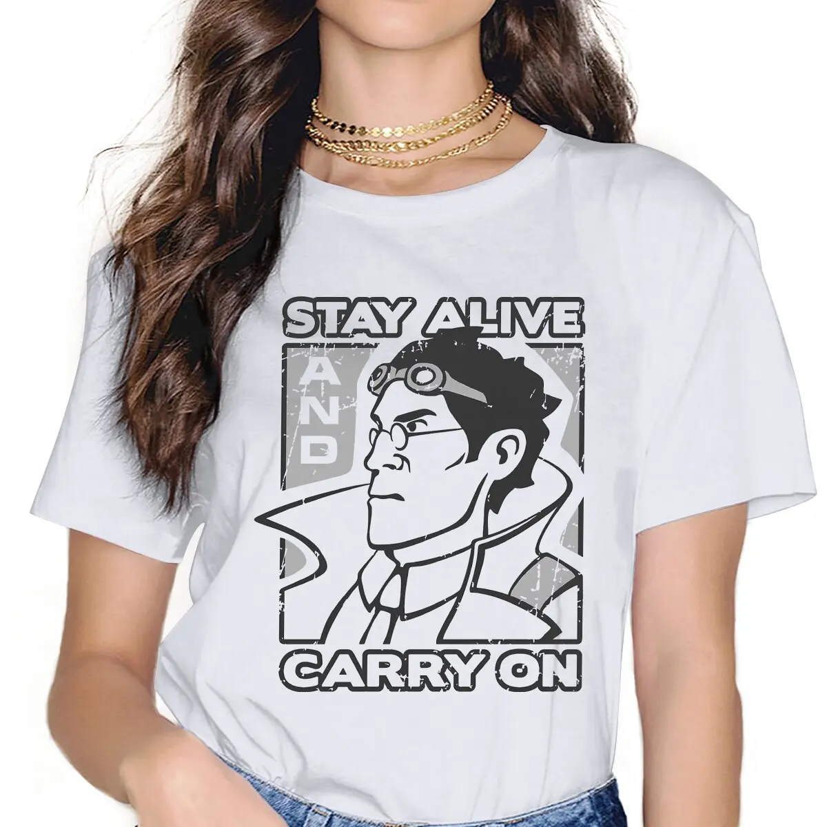 Women's Stay Alive  T Shirt Team Fortress 2 Shooter Game  Clothing Novelty Short Sleeve Crew Neck Tee Shirt Original T-Shirt