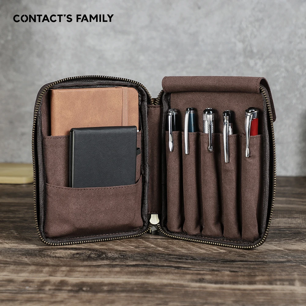 Vintage Top Grain Leather 5 Pen Case Pouch Handmade Pencil Bag for A6 Notebook Cellphone Pocket, Portable Travel Stationery Case