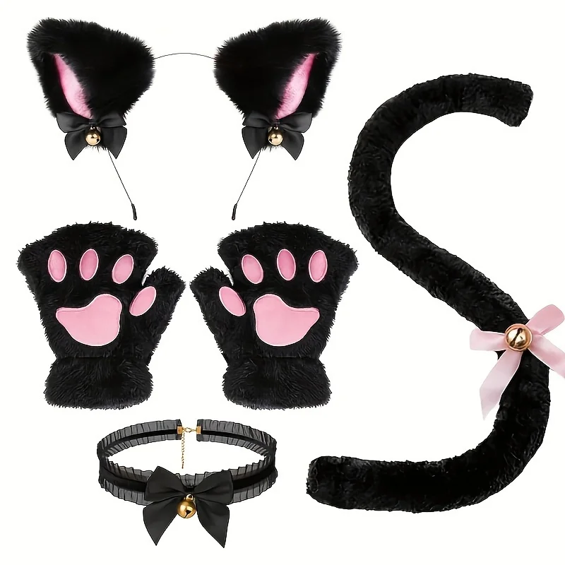 5Pcs Sets Cat Paw Gloves Winter Cute Cartoon Girl Open Finger Gloves Bell Headband Fox Cat Ear Headwear