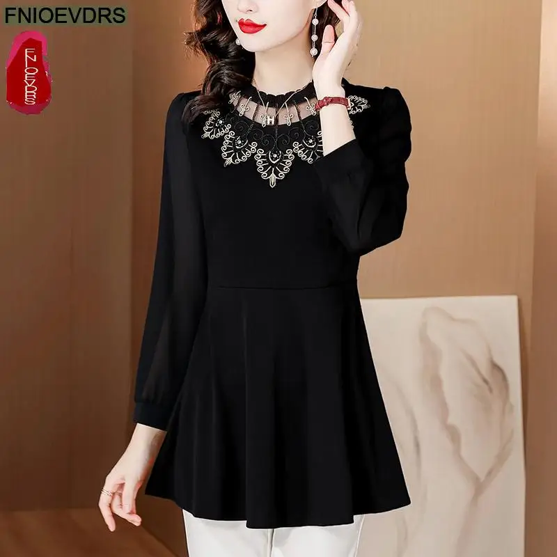 M-4XL New Year Hot Women Autumn Elegant Office Lady Casual Basic Shirts Retro Vintage Black Ruffles Embroidery Peplum Top Blouse