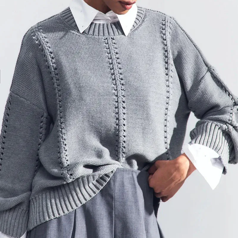 

Women Autumn Winter Hollow Out Sweaters Lazy Style Loose Round Neck Knitted Pullover Tops Solid Color Female Casual Knitwear