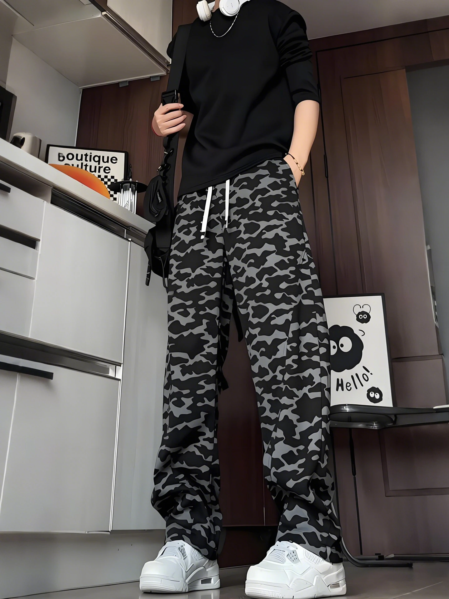 American Retro Camouflage Pants Men's Spring Drapey Knife Workwear Straight Sport Casual Sweatpants Loose Fit Straight Leg