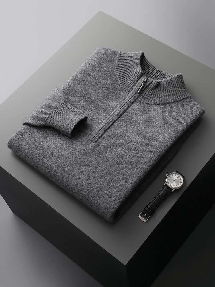 High Quality Men's Autumn Winter 100% Cashmere Sweater Mock Neck Zipper Pullover Thick Long Sleeves Casual Cashmere Knitting Top