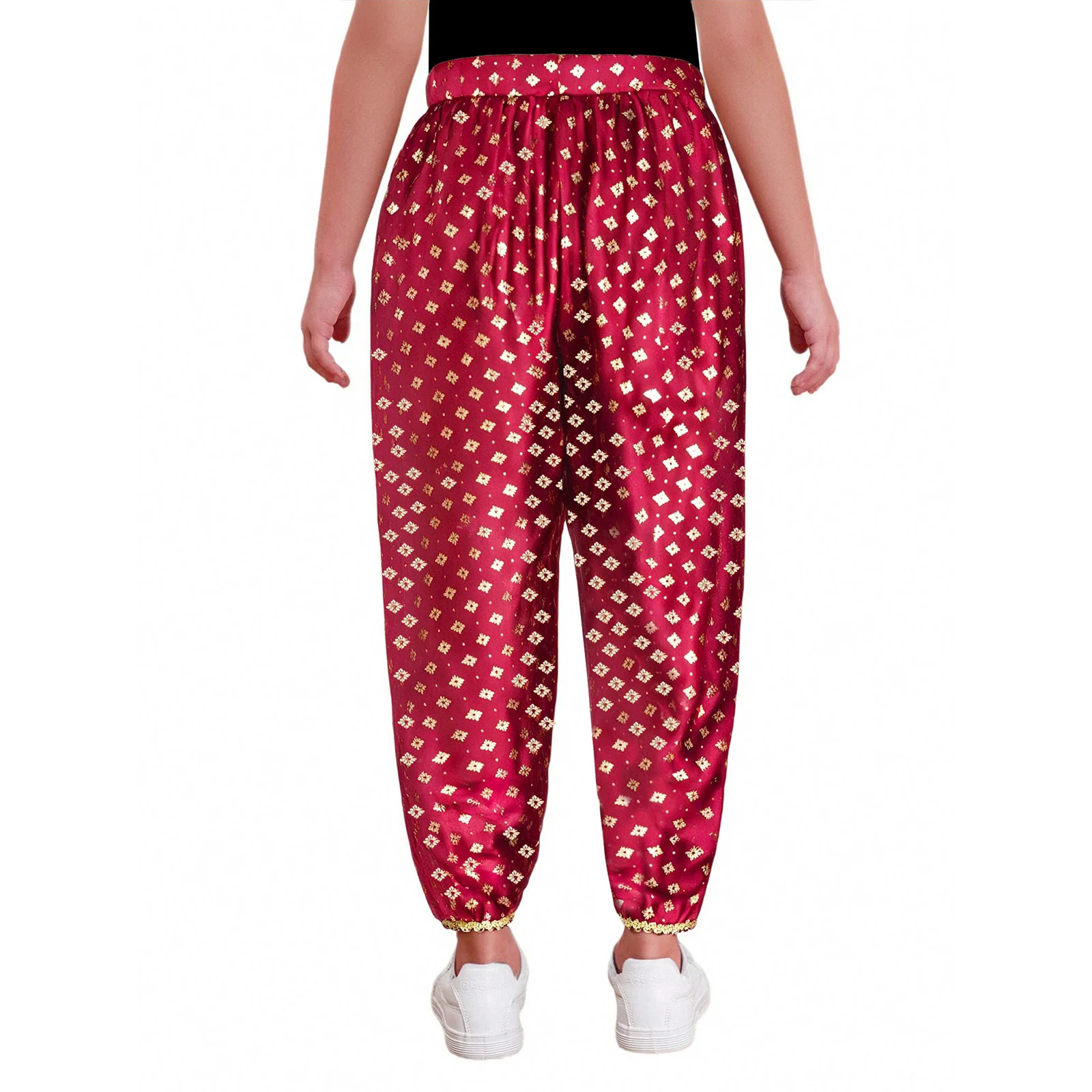 Kids Girls Indian Ethnic Pants Elastic Waistband Gold Trim Metallic Floral Print Satin Trousers Halloween Theme Party Dress Up
