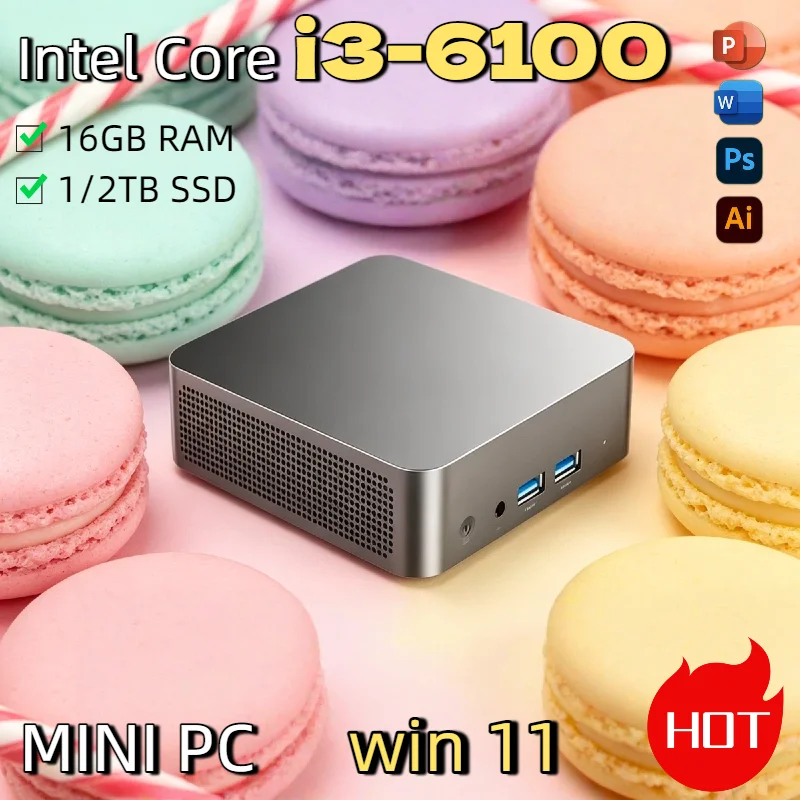 Mini PC Portátil Intel Core i3 6100 2026 para Juegos, Windows 11 Pro, 16GB RAM, 1TB M.2, Computadora de Escritorio para Oficina y Juegos DDR4