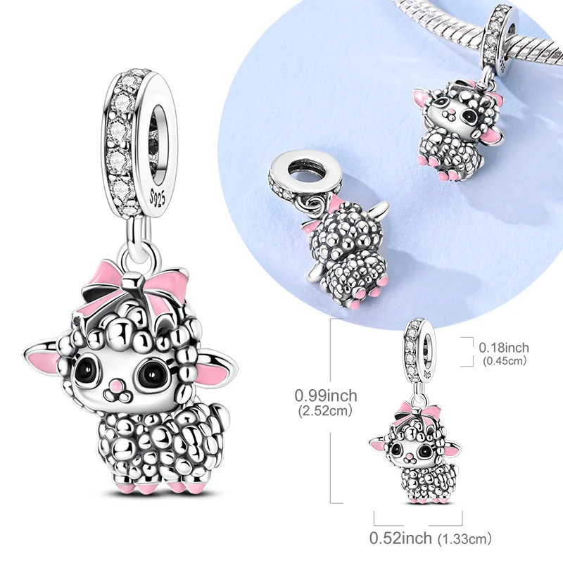 Original 925 Sterling Silver Bead Charms Pink Bow Cute Baby Sheep Pendant Fit Original Bracelet For Women DIY Jewelry Gift