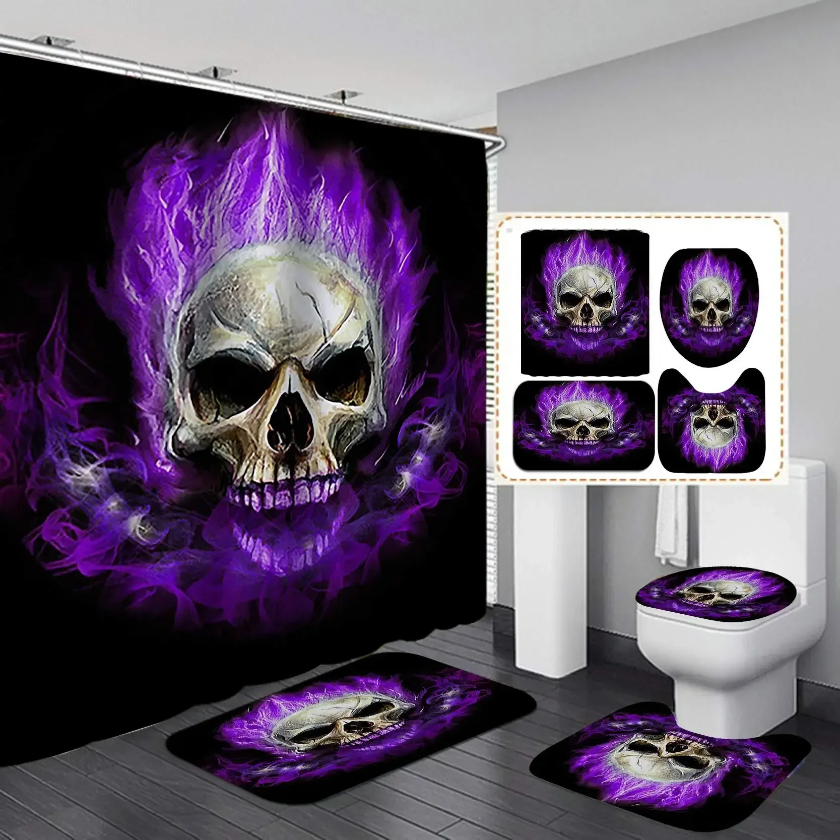 Skull Print Black Shower Curtains Set Bathroom Sets with Curtain and Rugs Bath Mat Carpet Bathtub Home Halloween Decor