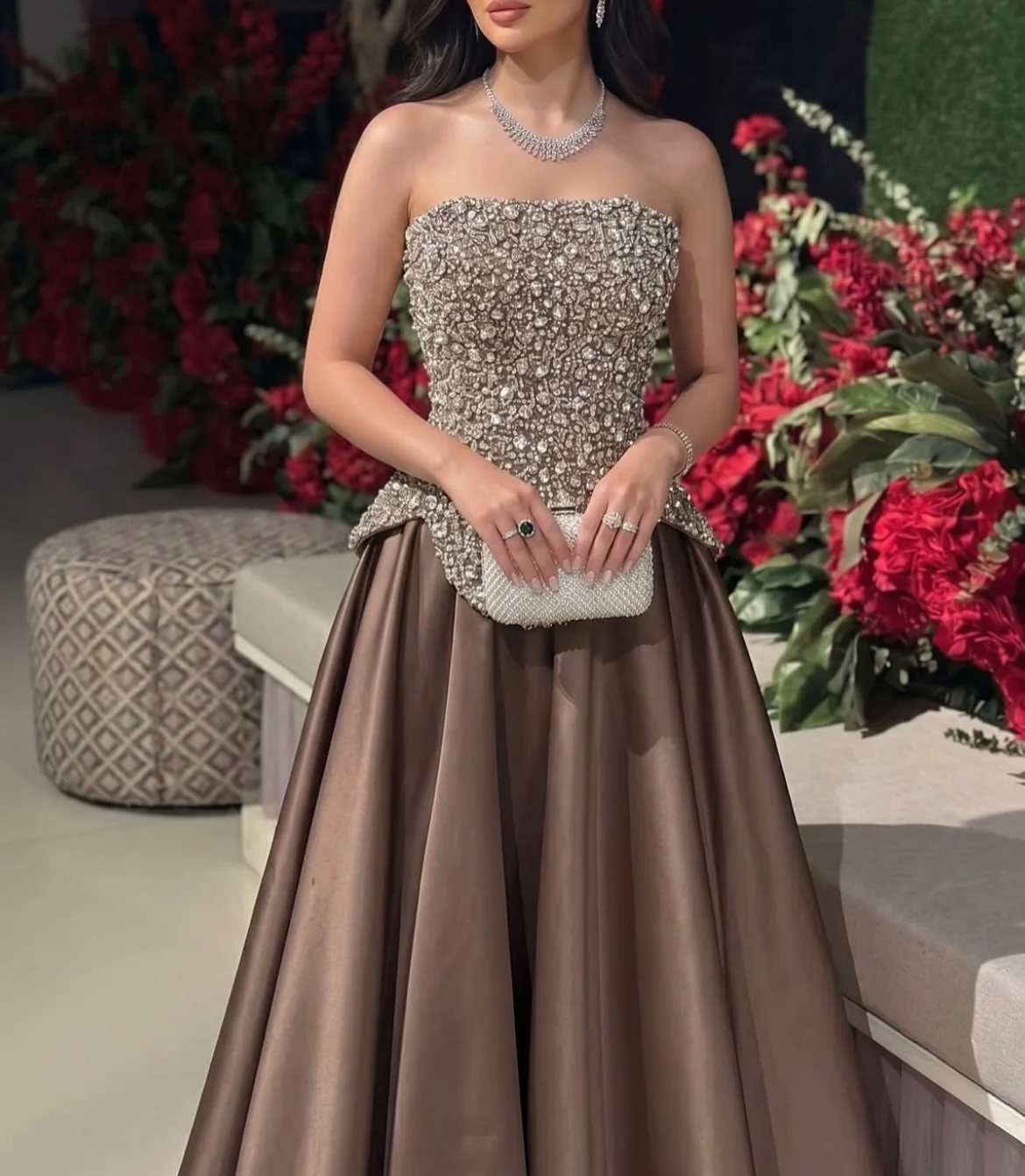 Mocha Coffee Brown Evening Ball Gown Straight Tube Strapless Neckline Bodice Fully Covered 3D Flower Sequins Peplum Flared Hem C