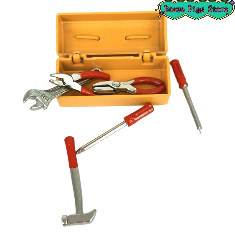 1 مجموعة صندوق أدوات مصغر + 6 أدوات يدوية نموذج اكسسوارات أثاث ديكور المنزل هدية