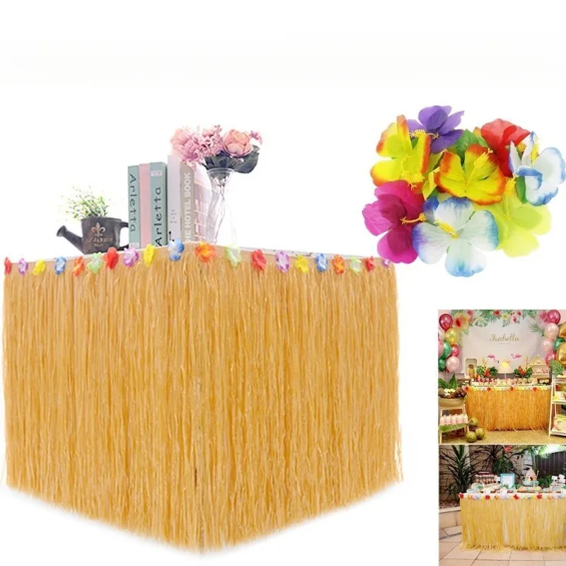 Luau Grass Table Skirt Hawaiian Themed Party Decor Summer Beach Birthday Celebration Supplies Island Style Festive Accessory