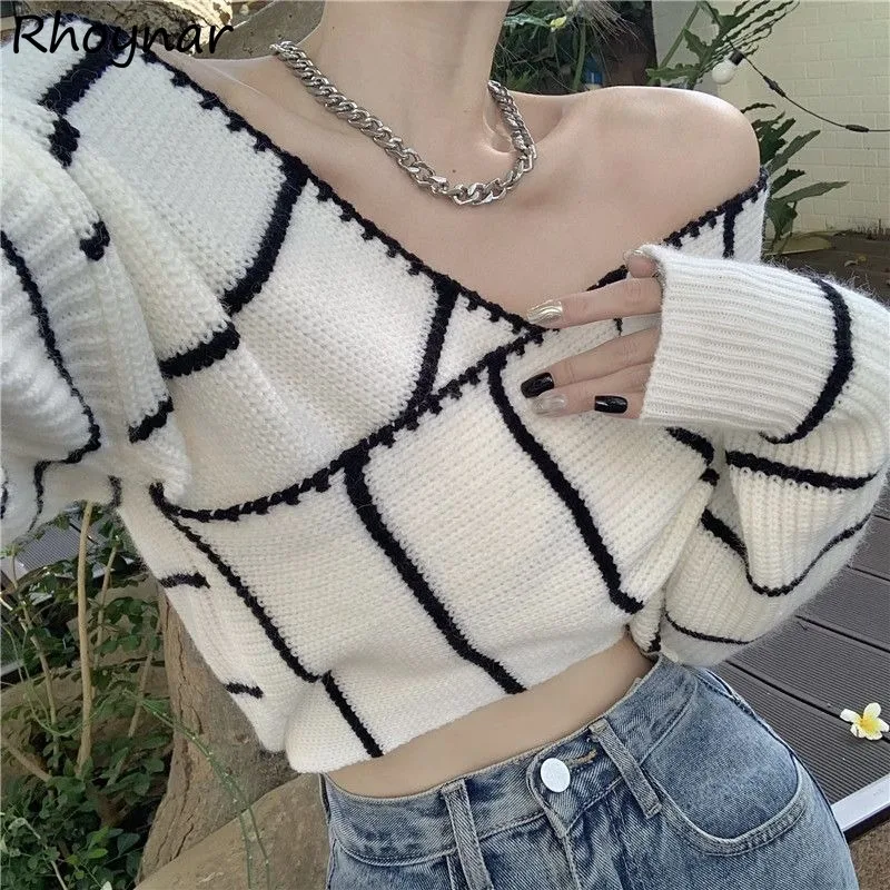 

Irregular Stripes Criss-cross Slash Neck Knitted Pullovers Women Chic Sexy All-match Sweaters Ladies Fashion Hot Short Tops Ins