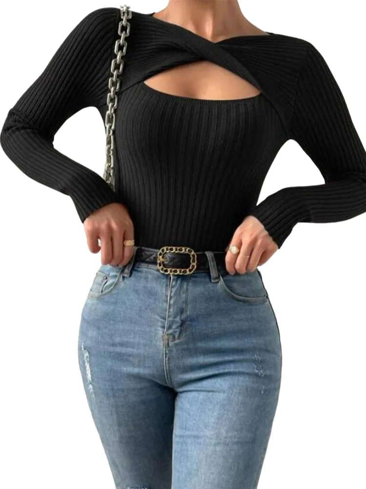 Casual Long Sleeve Hollow Out Irregular Round Neck T Shirts Basic Tee Sweater Top Lightweight Sweaters for Women Autumn