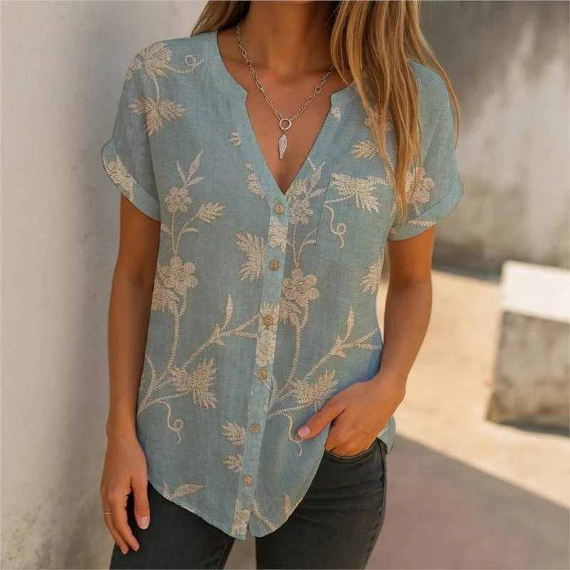 

Retro Printed Fashion V-neck Short Sleeved Women's Top Casual Versatile Single Breasted Cardigan Shirt Hot Style Lady Blouses