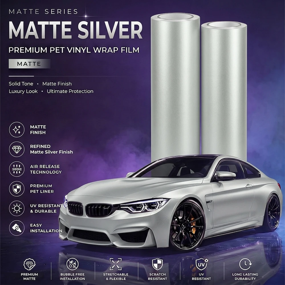 Matte Silver Car Vinyl Wrap Film Self‑Adhesive Bubble Free Sticker PVC Bubble Free Decals Auto Interior Exterior Modification - view 2