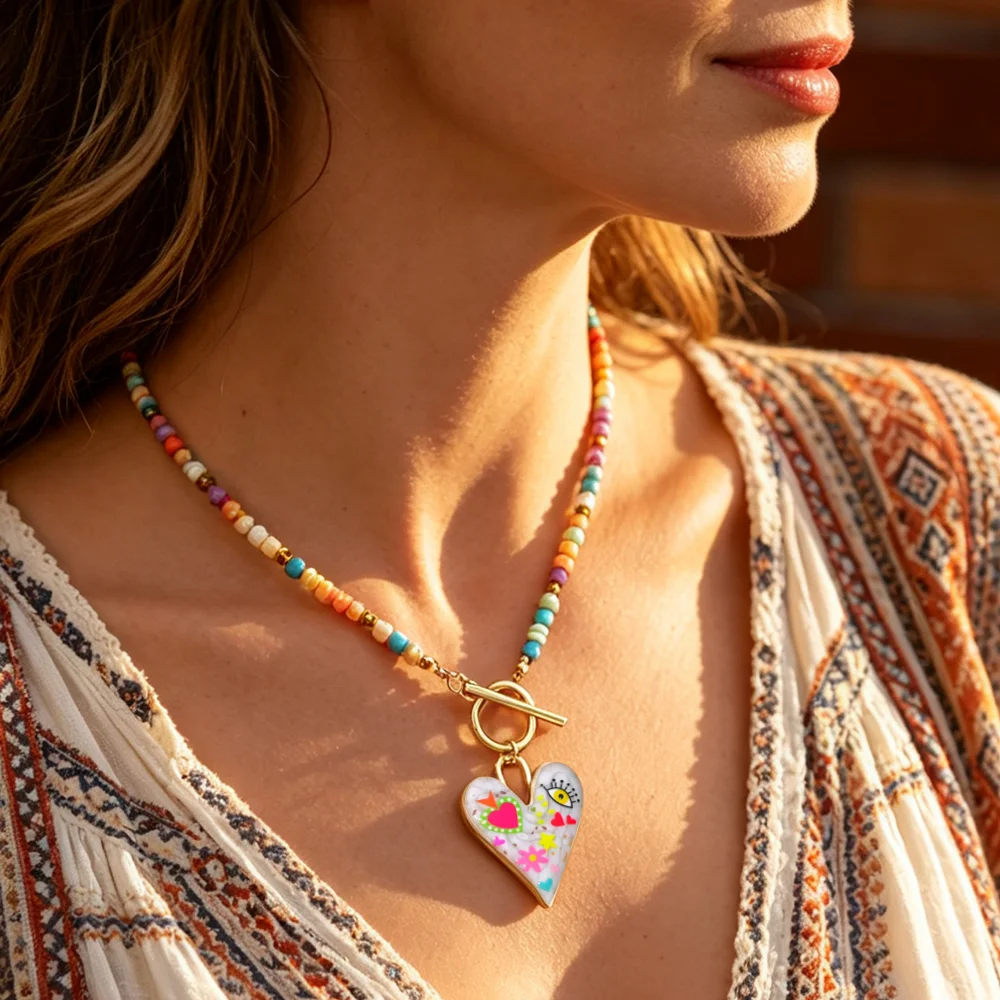 Colorful 4MM Artificial Stone Big Heart Pendant Necklace Fashion Multicolor Choker Necklace for Women Y2K New Daily Jewelry