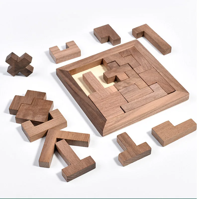 Walnut Russian Blocks Puzzle 3D Wooden Jigsaw Tangram IQ Logic Training Brain Teaser Montessori Educational Toys Learning Games