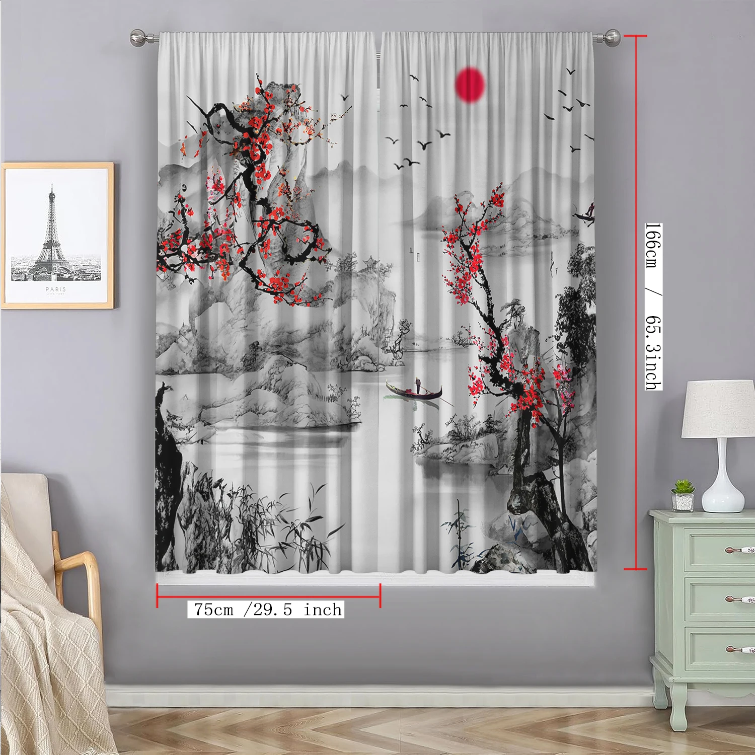 2PC Home Decoration Curtains, Bamboo Landscape Painting With Pole Bag Curtains, Kitchen,Coffee Shop, Living Room, Balcony