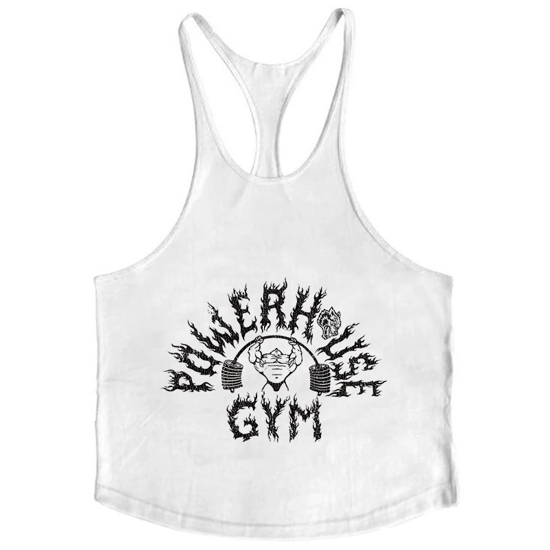 POWERHOUSE GYM Print Stringer Tank Tops for Men Cotton Athletic Y-Back Vest Gym Workout Bodybuilding Sleeveless T-Shirts Tees