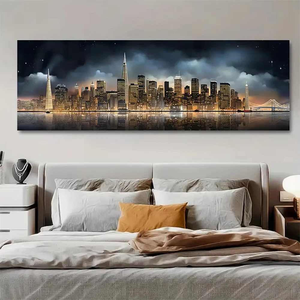 Modern Skyscrapers New York City Night Landscape Poster and Prints City Skyline Canvas Wall Art Painting Picture Decor Unframe