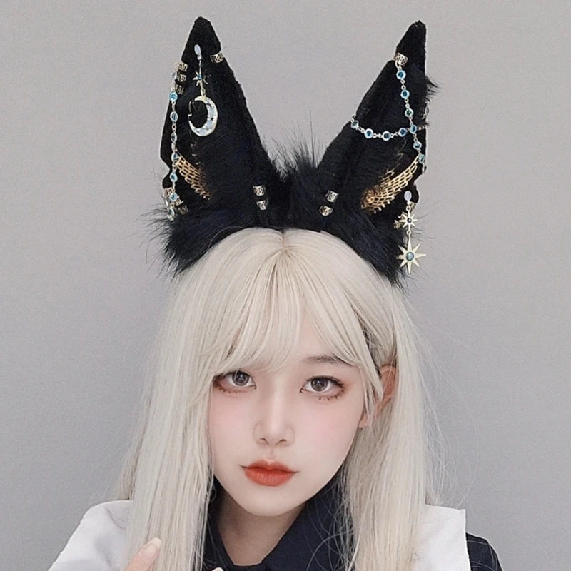 Adult Cartoon Wolf Ears Shape Headband with Dangle Jewelry Easter Hair Hoop