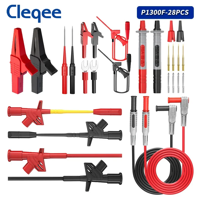 Cleqee P1300F 28PCS Professional Multimeter Test Lead Kit 4mm Banana Plug Wire Quick IC Test Hook Alligator Clip Electronic Tool