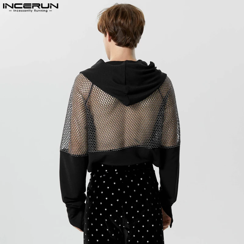 INCERUN 2023 Men Hoodies Mesh Patchwork Hooded Long Sleeve Male Crop Sweatshirts Transparent Streetwear Fashion Casual Pullovers