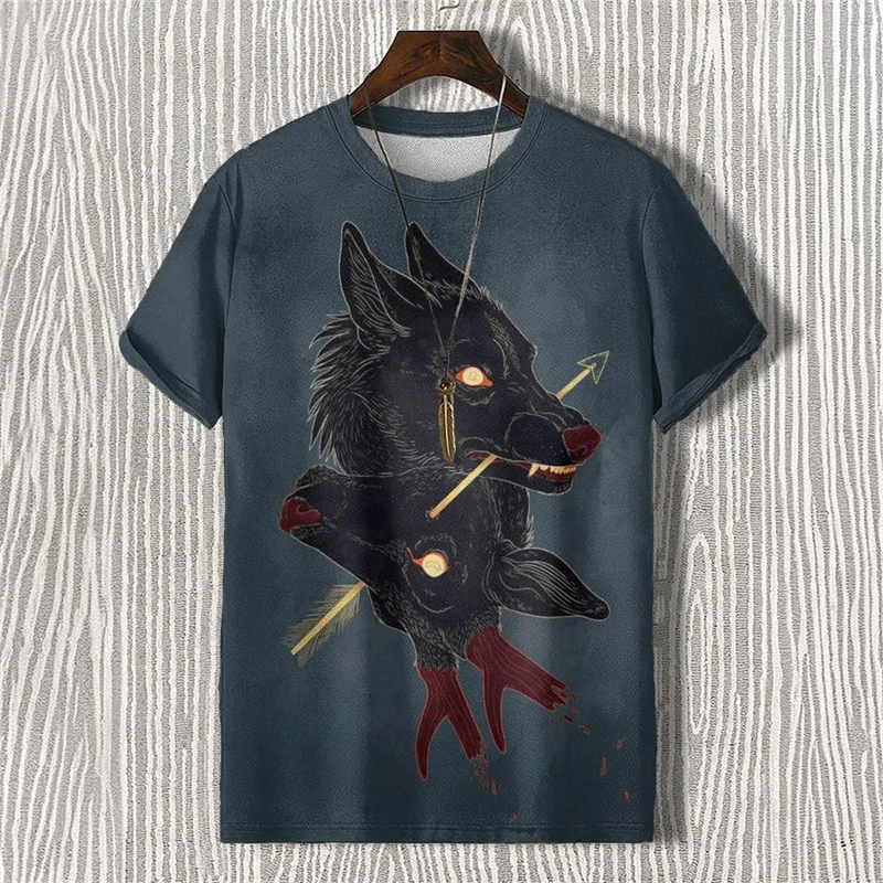 Demon Deer Dog Pattern T Shirt For Men Retro 3D Printed Tee Summer Casual Short Sleeve Oversized Street Round Neck Tops T-Shirts