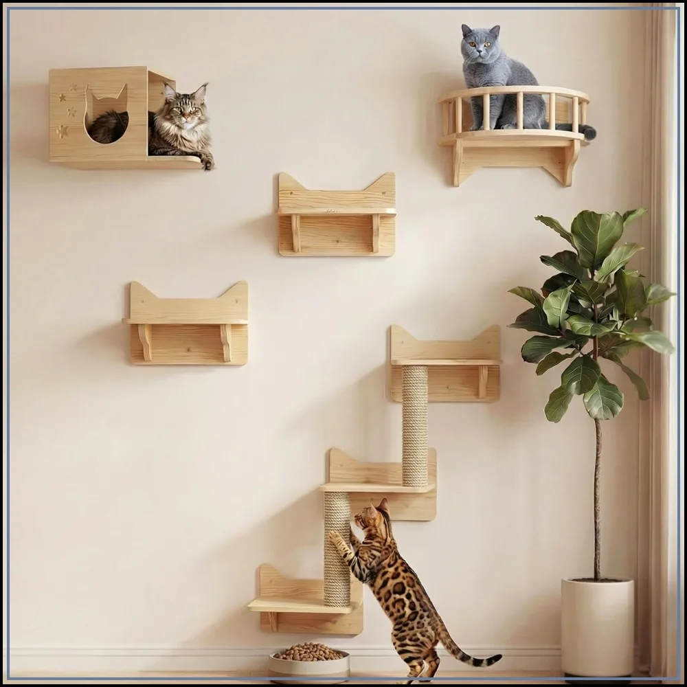 

Wooden Wall-Mounted Cat Shelves Set for Large Cats – 9-Piece Climbing System with Perch & Scratching Post