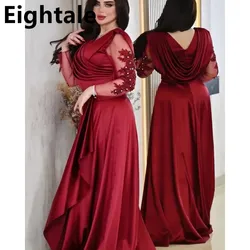 Eightale 2023 Dubai Satin A Line Evening Dress V Neck Long Sleeve kaftan Floor Length Beaded Prom Dress Dubai Party Customized