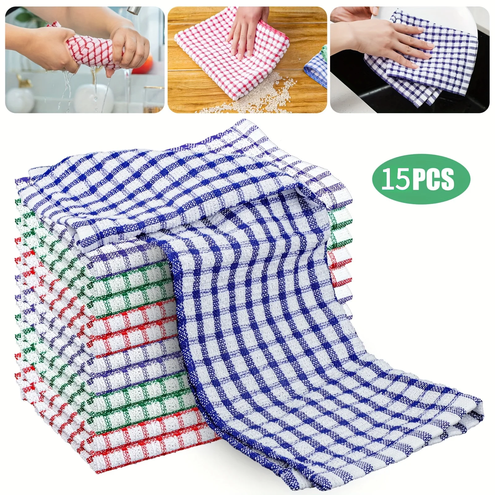 15-Pack Absorbent Reusable Plaid Kitchen Towels - Soft Weave Multi-Facial Dish Cloths for Drying Dishes & Cleaning Surfaces, Assorted Colors (Hand Wash Only), Kitchen Towels And Dish Cloths, Modern Kitchenware, Durable Fabric,random colors