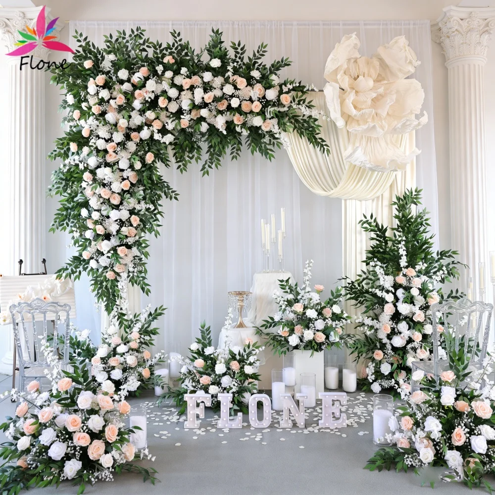 

Champagne&White Artificial Rose, Baby's Breath&Green Leaf Triangle Flower Floor Arrangement - Wedding Background Decor FL2997