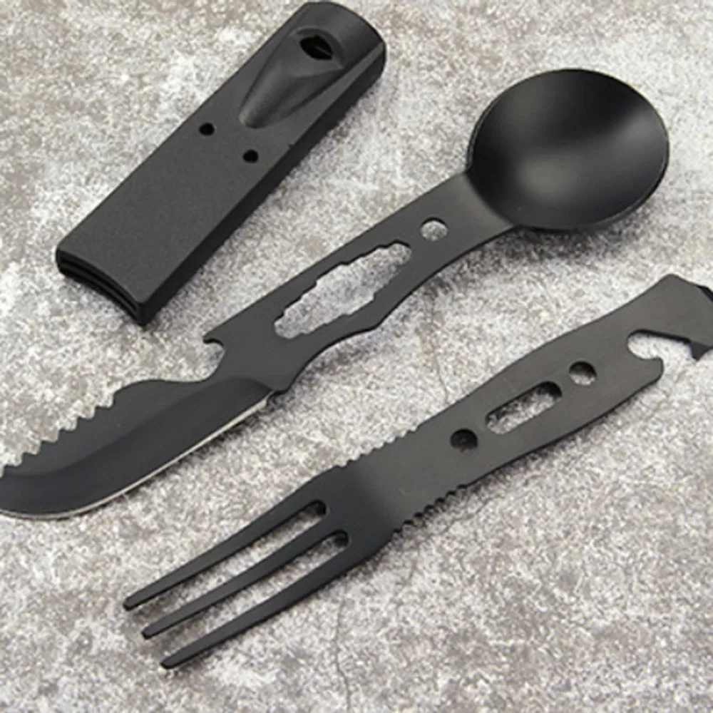 Juego de cuchillos multifuncionales para acampar, vajilla de acero inoxidable para exteriores con silbato, cuchara, tenedor, combinación para acampar