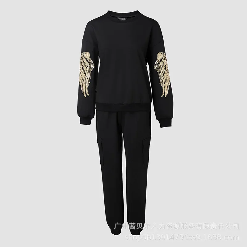 Pant Sets Women Two Piece Sets Sequin Long Sleeve Tracksuit Tops Lace Up Elastic Waist Long Pants Elegant Casual Splice Autumn