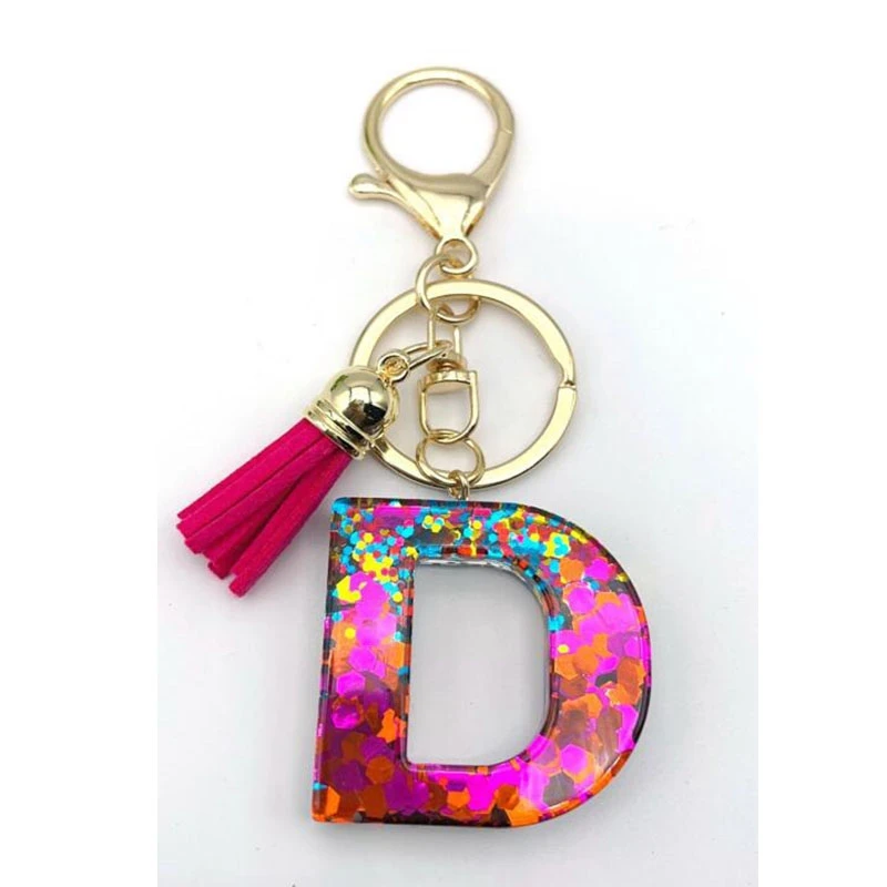 Classic 26 Letter Metal Keyring With Rose Red Tassel Keychain Bag Pendant Charms DIY Accessories Resin Alphabet Key Chain Gifts