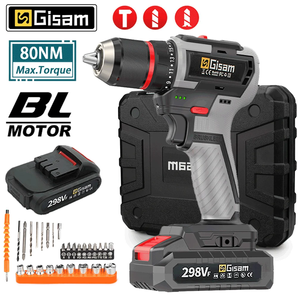 

Cordless Electric Screwdriver Drill Set 80NM Brushless Screwdriver 25+3 Torque Settings 2-Speeds Battery Screwdriver Power Tool