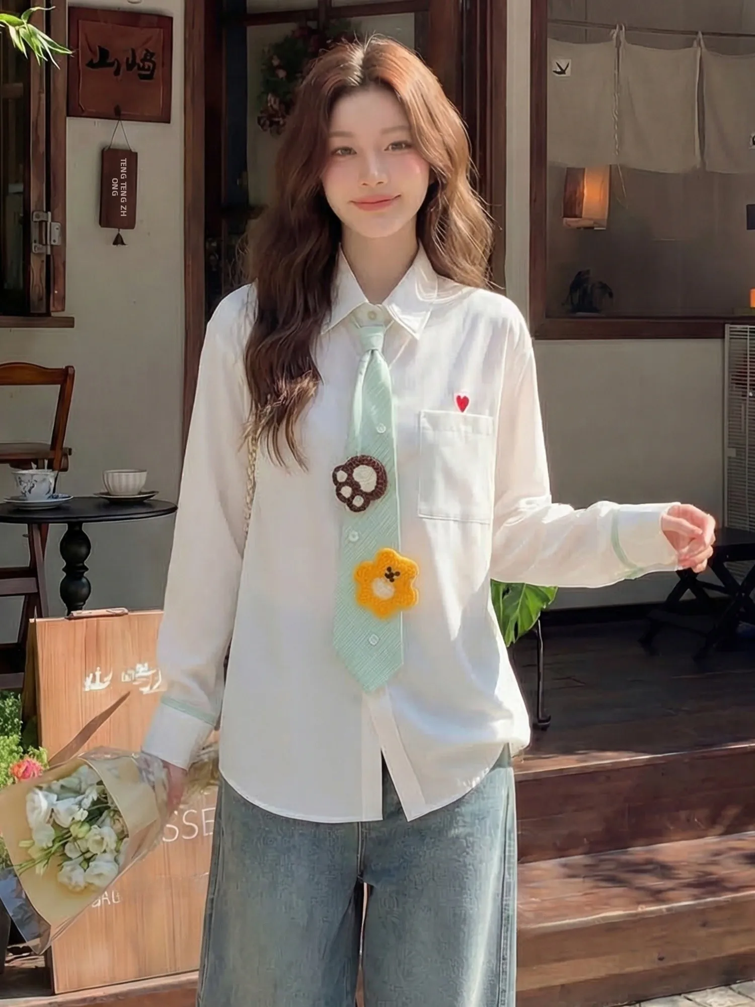 

Bear Tie White irt Women's Loose Long Sve Spring New Sle College Sle Contrast Color Design Casual Faion Top