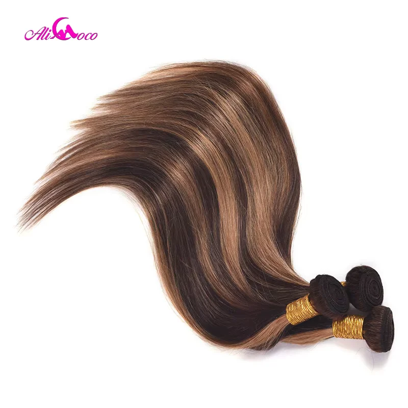 Ali Coco Brazilian Ombre Hair Bundles Bone Straight Human Hair Bundles P4/30 Brown with Highlight Color Remy Hair Weave Bundles