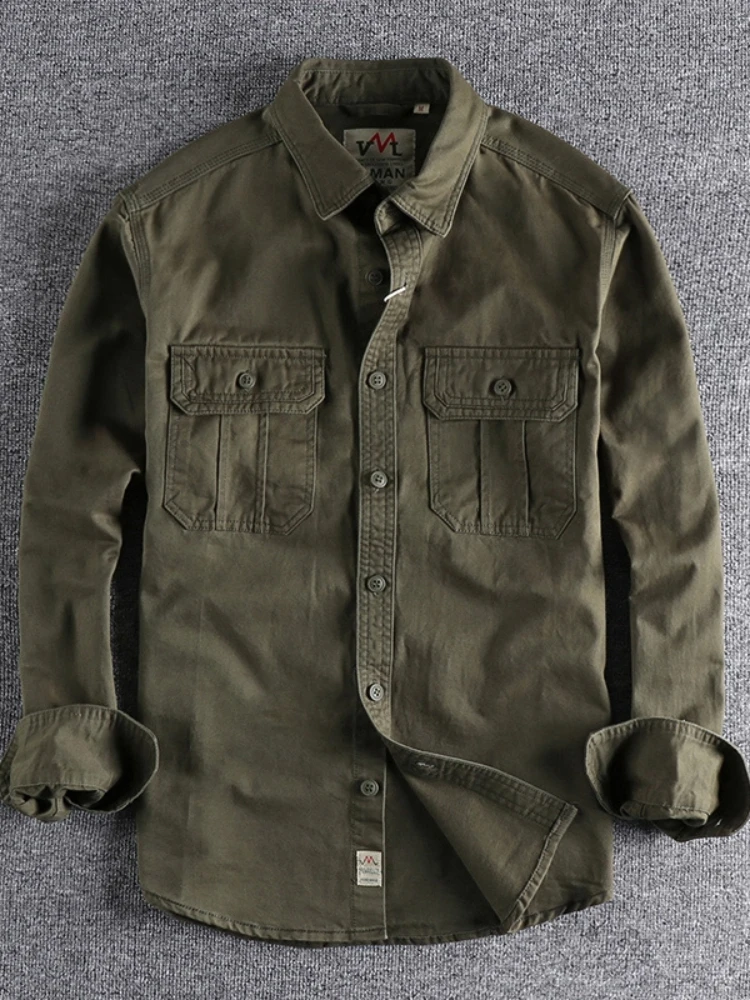 Autumn New Japanese Retro Long-Sleeve Lapel Woven Cargo Shirt Men's Simple 100% Cotton Washed Double Pocket Casual Youth Blouses